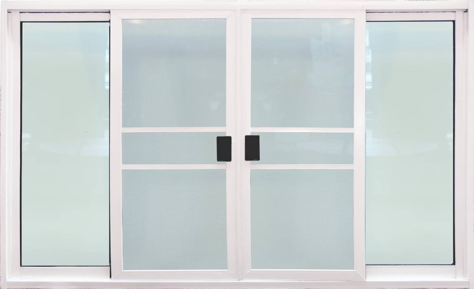 หน้าต่างบานเลื่อน 4ช่อง อลูมิเนียมสีอบขาว+กระจกใสเขียว+มุ้ง 180ซม.*110ซม.